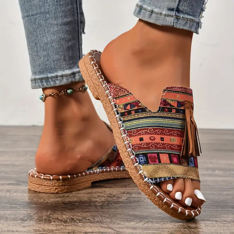 Stilla | Flade Sandaler Etnisk Stil Med Pompom