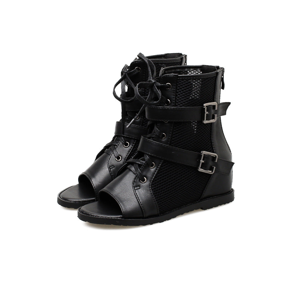 Dame Åben Snørestøvler med mesh- og læderkombination og dekorative spænder Stilla