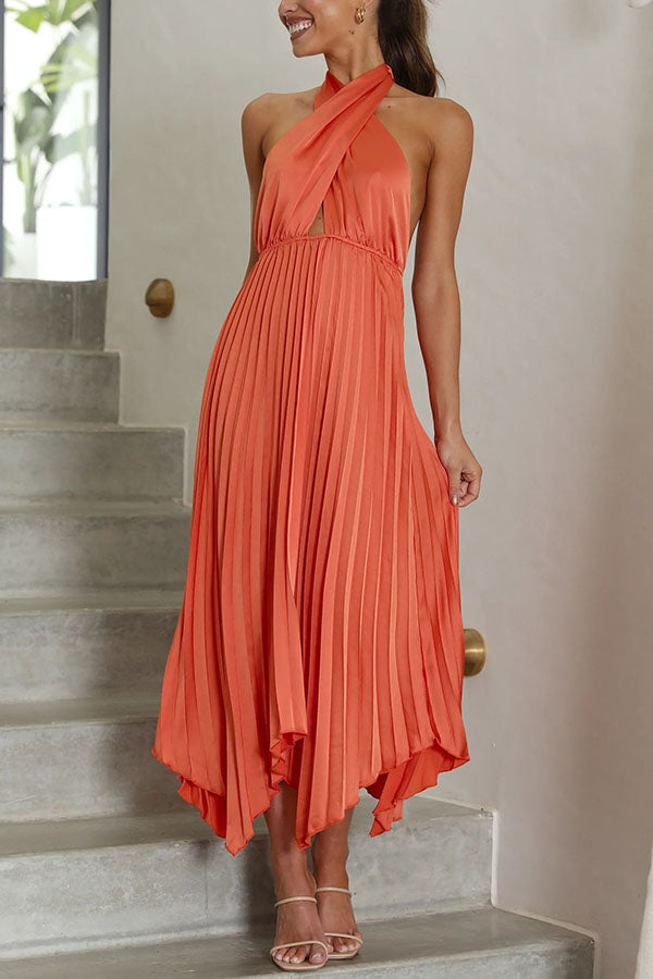 Stilla | Gina Satin Halterneck Plisseret Midi Kjole