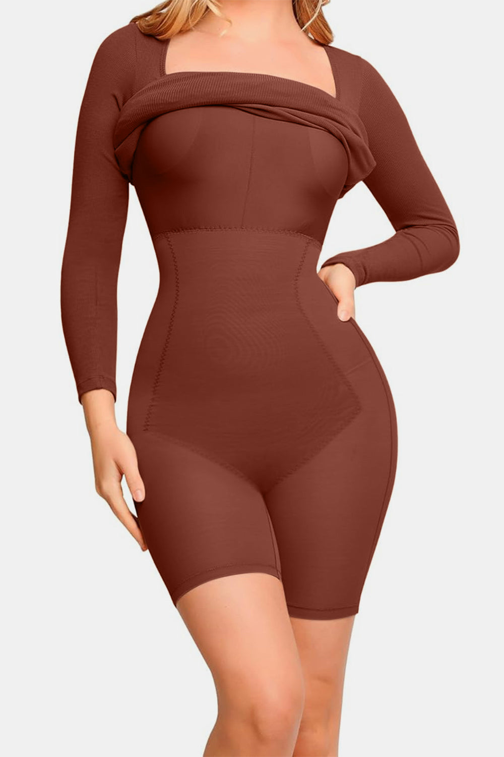 Stilla | Bae Full Size Indbygget Shapewear Square Neck Langærmet Kjole