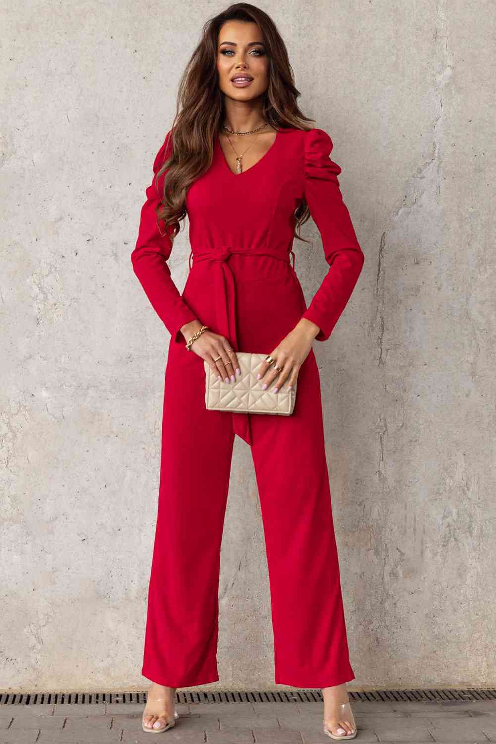 Stilla | Lang Puff Ærme V-hals Jumpsuit