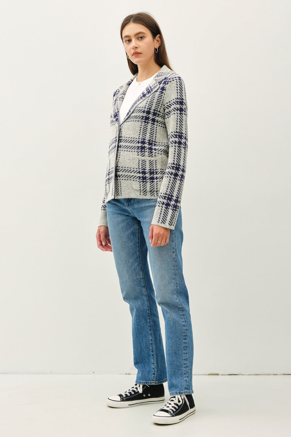 Stilla | Cool Plaid Langærmet Sweaterjakke med Foran Patcheslommer