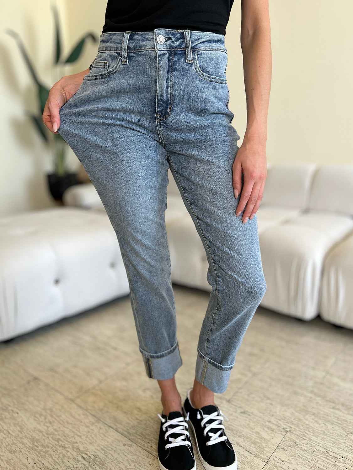 Stilla | Blå Størrelse Høj Talje Cuff Hem Skinny Jeans