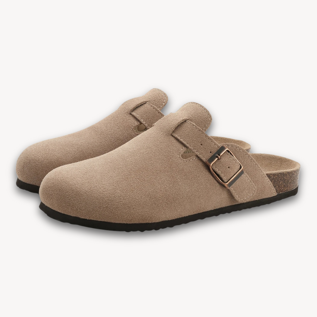 Stilla | Kvinders Træsko Suede Slip on Muler Med Justerbar Spænde Kork Fodbed