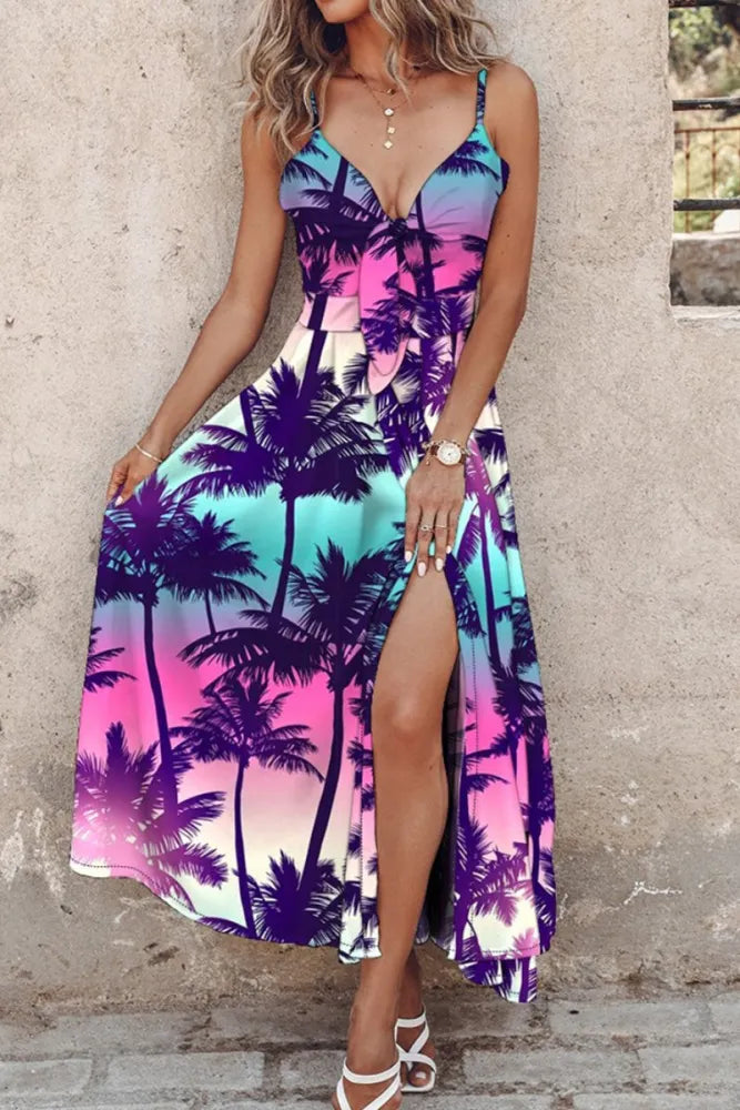Stilla | Casual Print Halter Split Spaghetti Straps Lange Kjoler