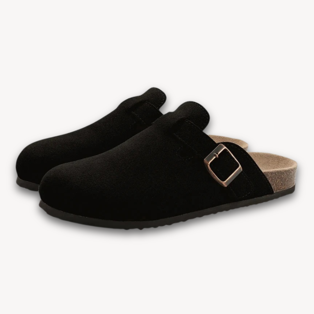 Stilla | Kvinders Træsko Suede Slip on Muler Med Justerbar Spænde Kork Fodbed