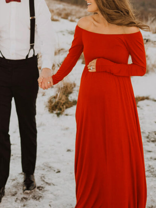 Stilla | Lang Kjole Tynd Graviditet Fotoshoots Elegante Bare Skuldre Plisseret Bådformet Halsudskæring Graviditetskjoler
