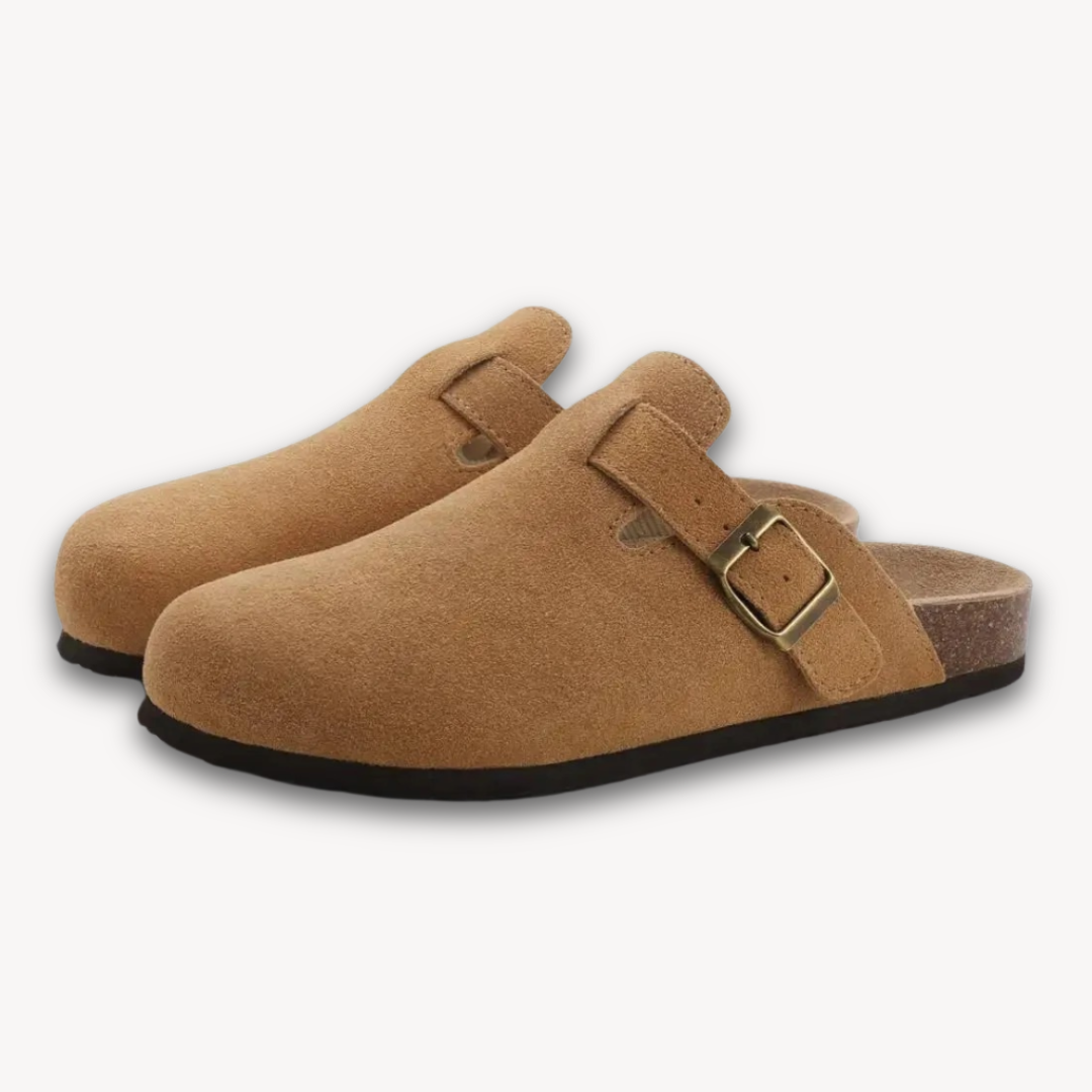 Stilla | Kvinders Træsko Suede Slip on Muler Med Justerbar Spænde Kork Fodbed
