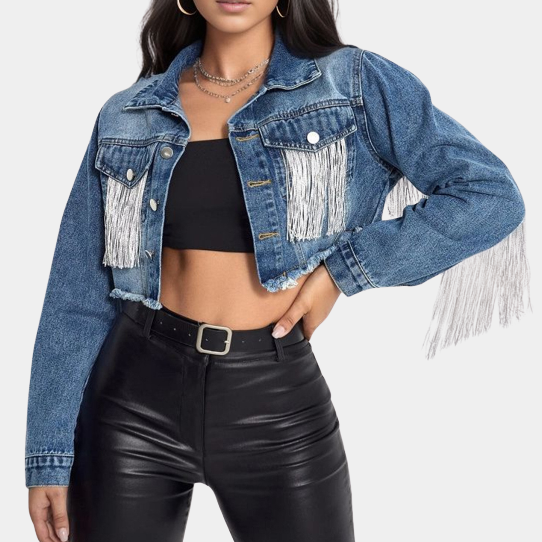 Stilla | Cropped denimjakke med frynser til kvinder