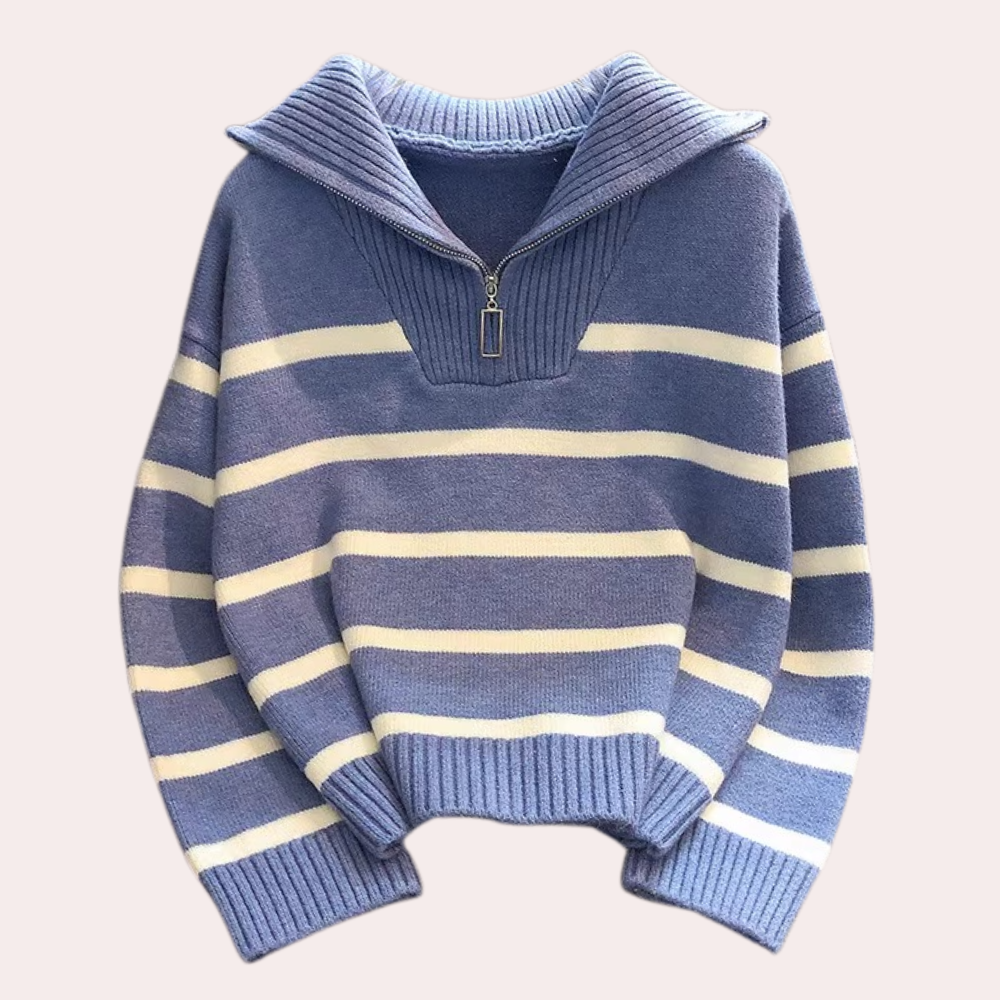 Stilla | Stribet Sweater Med Halv Lynlås Til Kvinder
