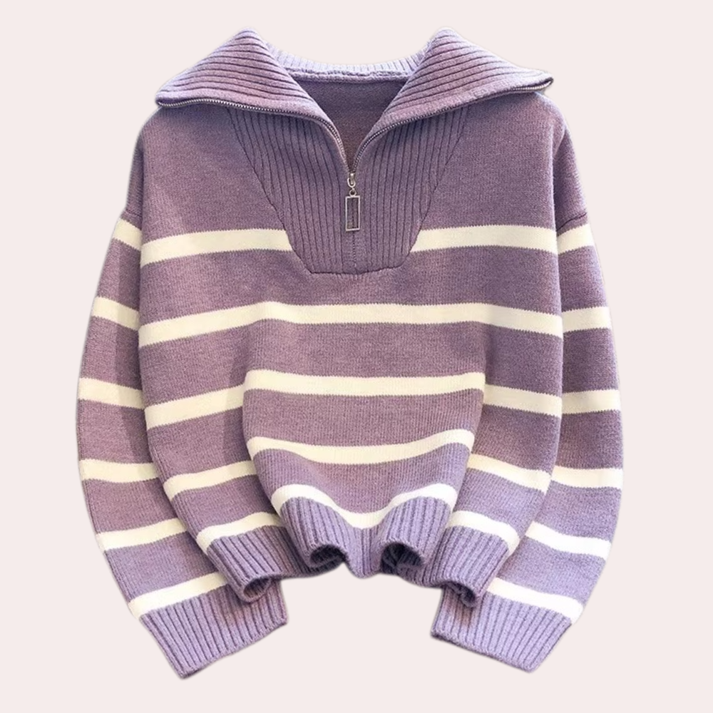 Stilla | Stribet Sweater Med Halv Lynlås Til Kvinder