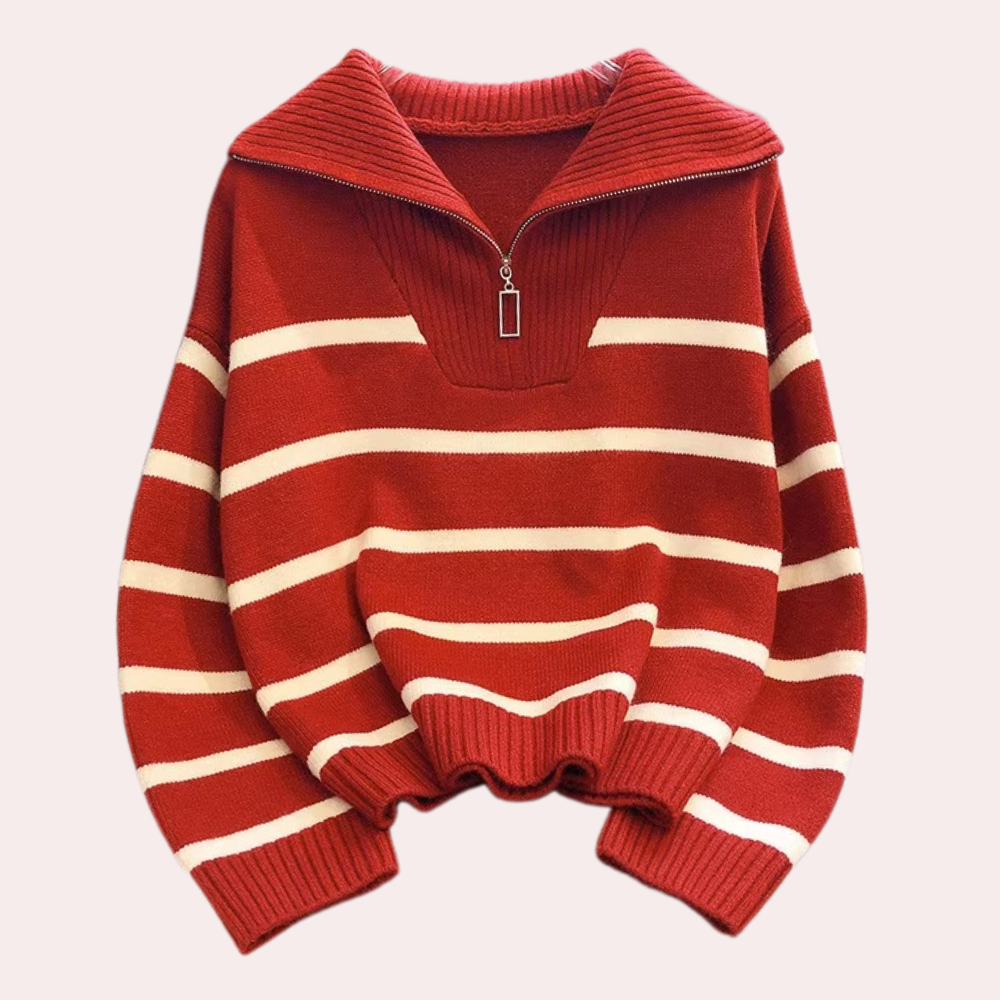 Stilla | Stribet Sweater Med Halv Lynlås Til Kvinder