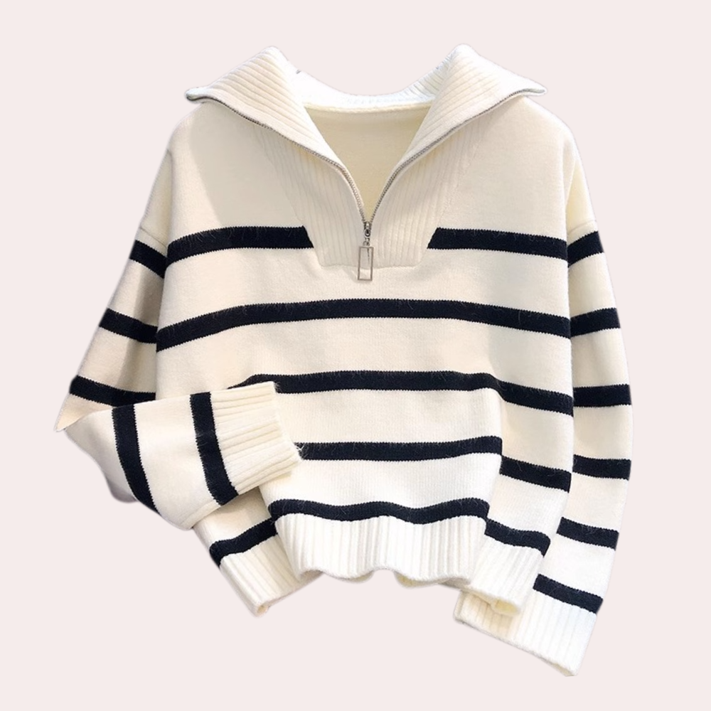 Stilla | Stribet Sweater Med Halv Lynlås Til Kvinder