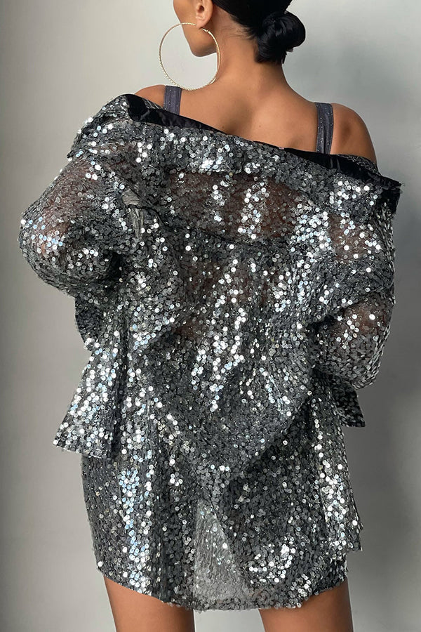 Stilla | Steel Sequin Overstørrelse Skjorte Shorts Sæt