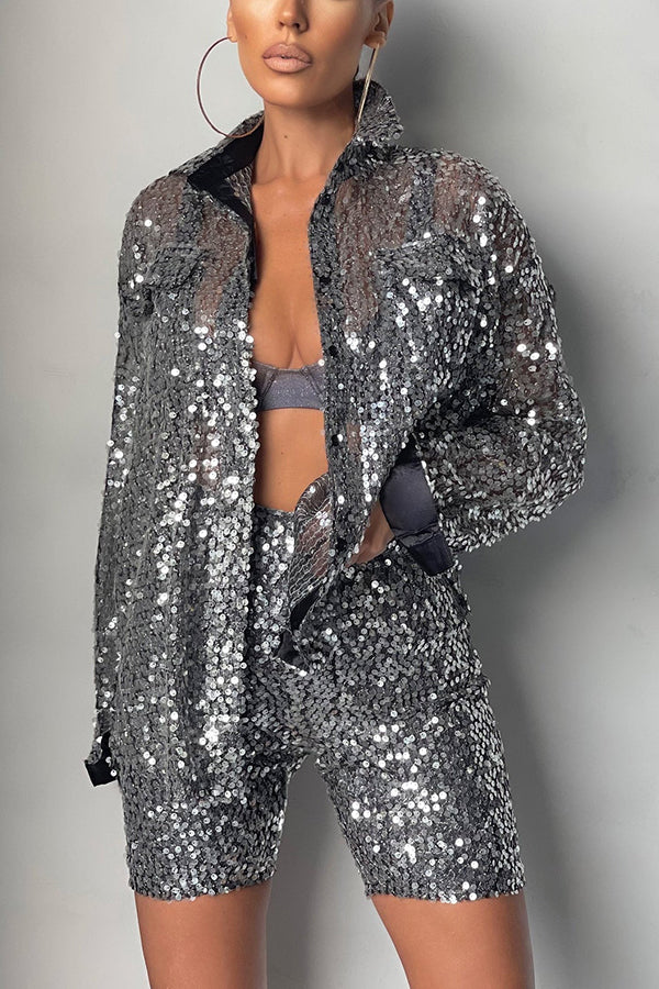 Stilla | Steel Sequin Overstørrelse Skjorte Shorts Sæt