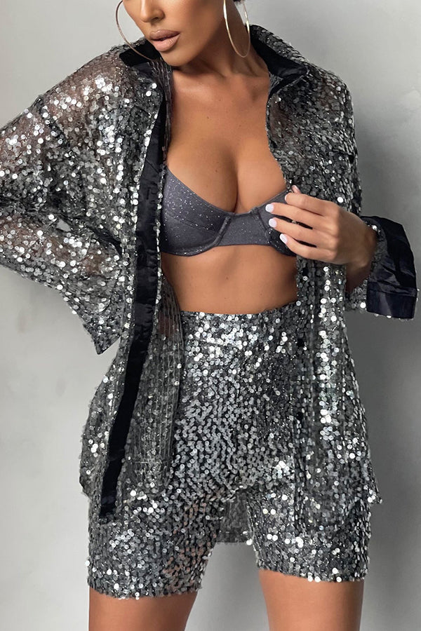 Stilla | Steel Sequin Overstørrelse Skjorte Shorts Sæt