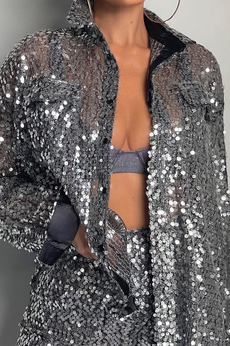 Stilla | Steel Sequin Overstørrelse Skjorte Shorts Sæt