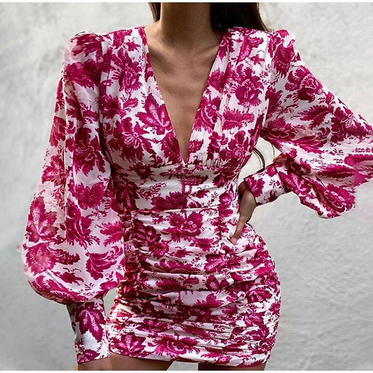Stilla | Deep V-hals Lange Ærme Blomster Mini Kjole