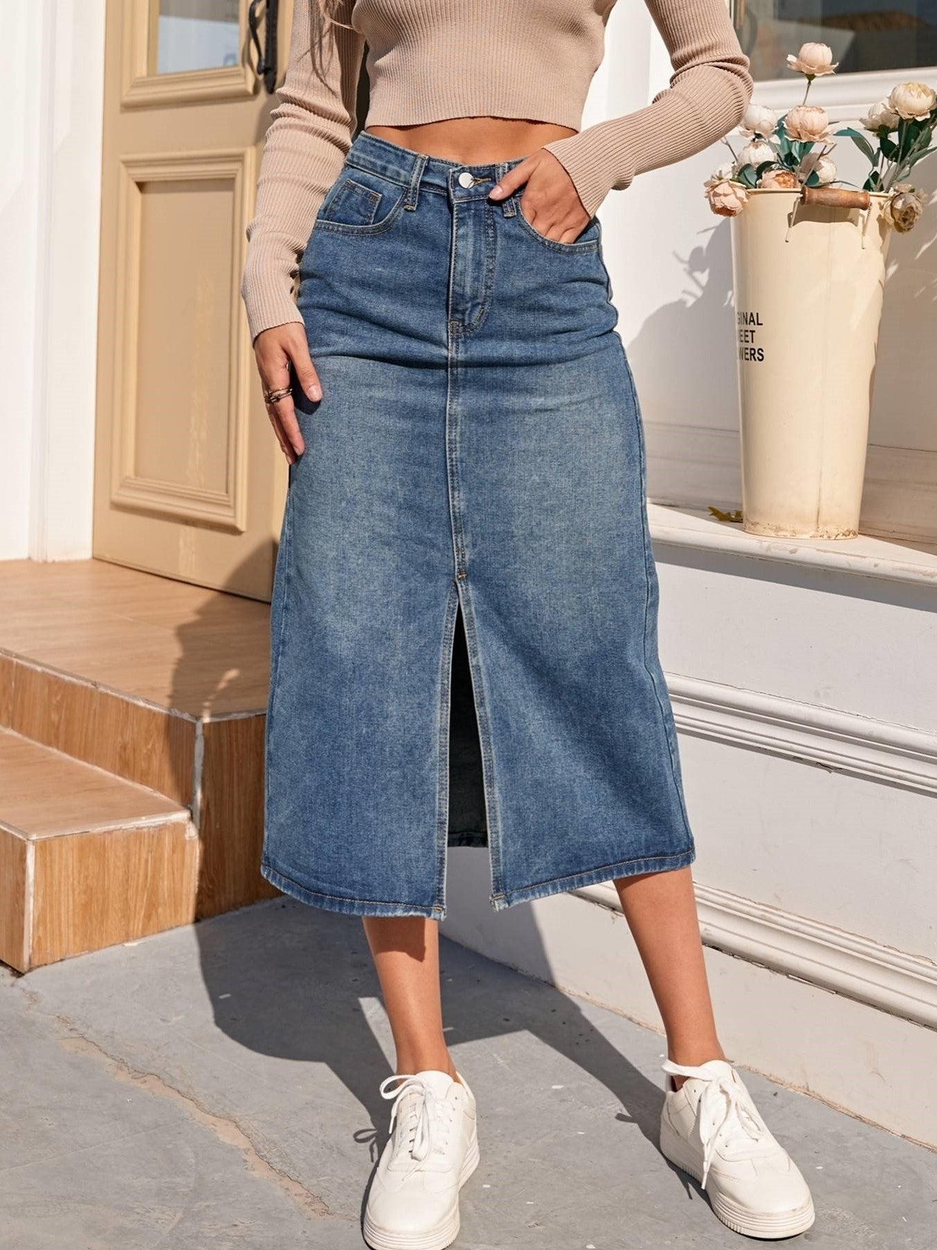 Stilla | Talje Lang Denim Nederdel