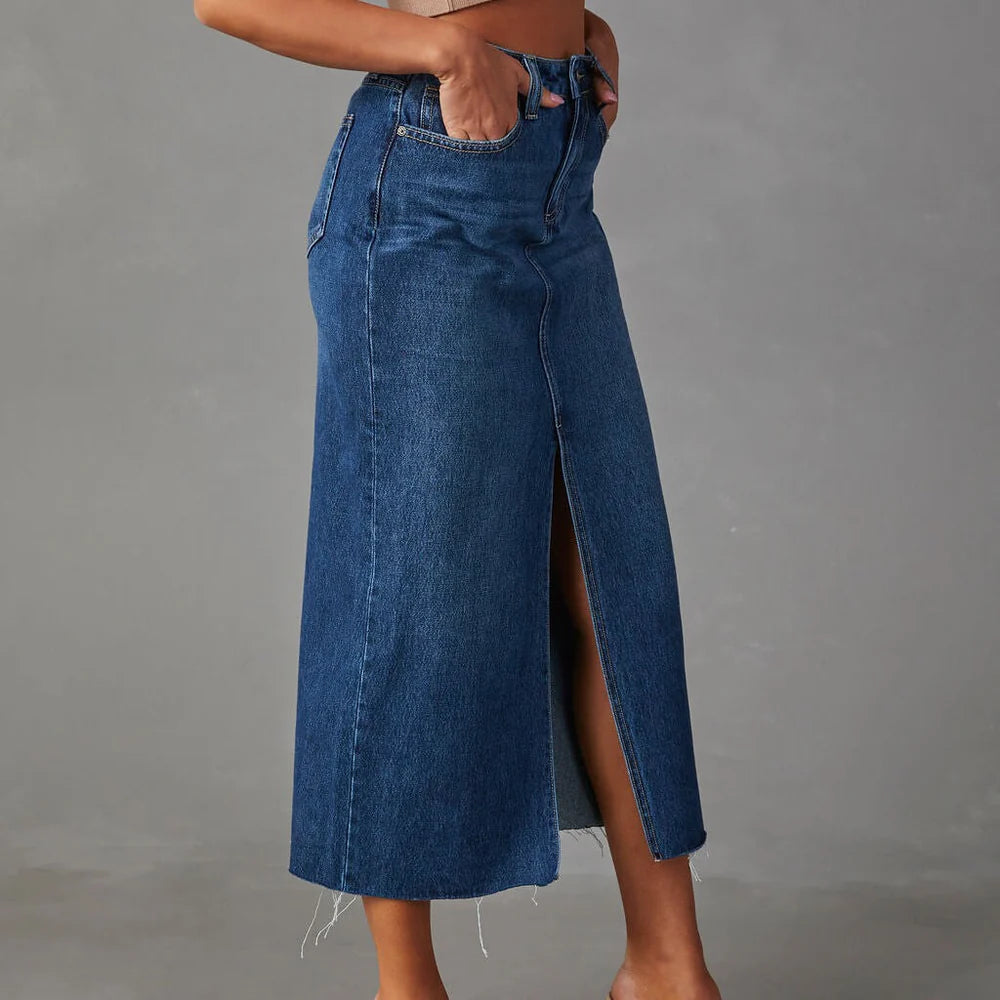 Stilla | Denim Maxi Nederdel Med Slids Foran