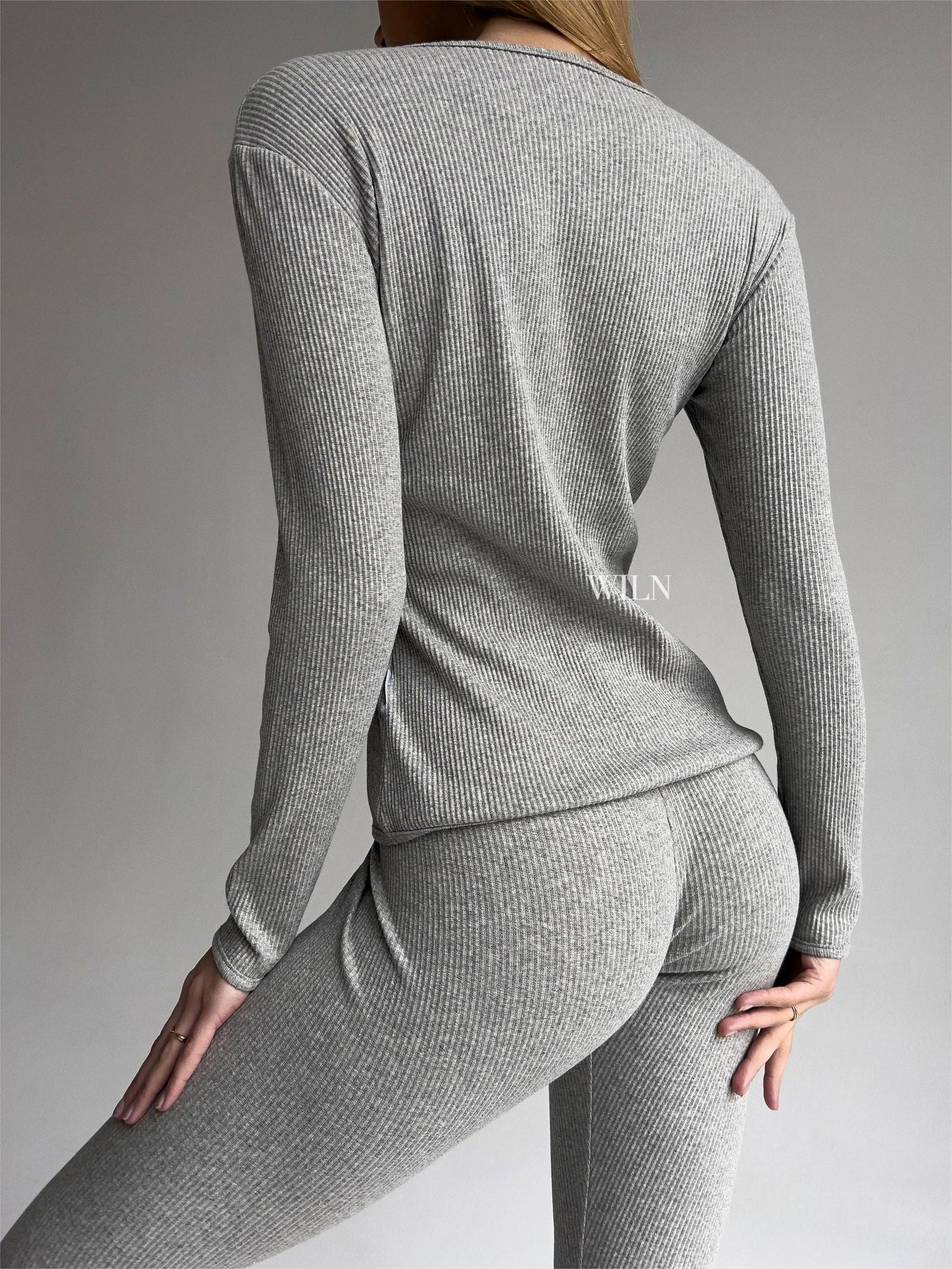 Stilla | Personaliseret Grå Ribbet Bomulds Loungewear Sæt