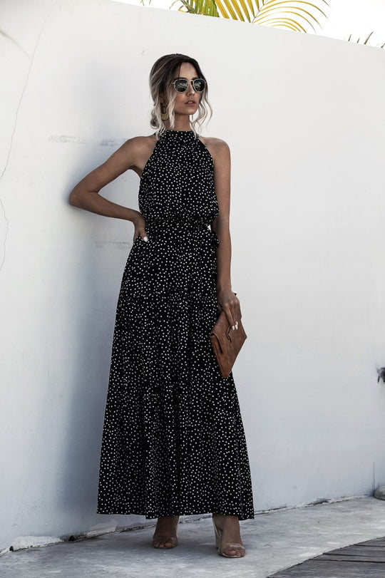 Stilla | Maxi Kjole Med Bindebælte Og Farverig Polka Dot Print