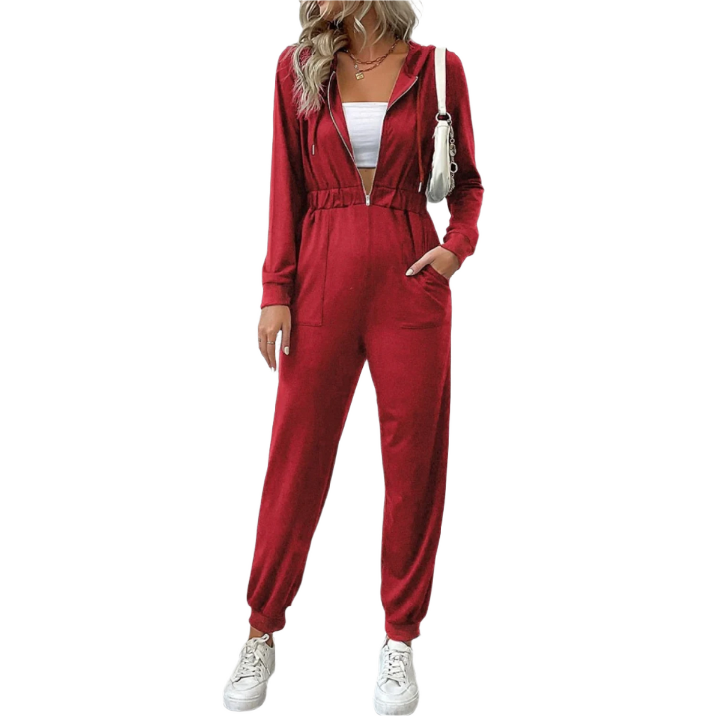 Stilla | Elastisk Talje Hætte Overalls Jogging Sæt Med Lynlås og Lommer Til Dame