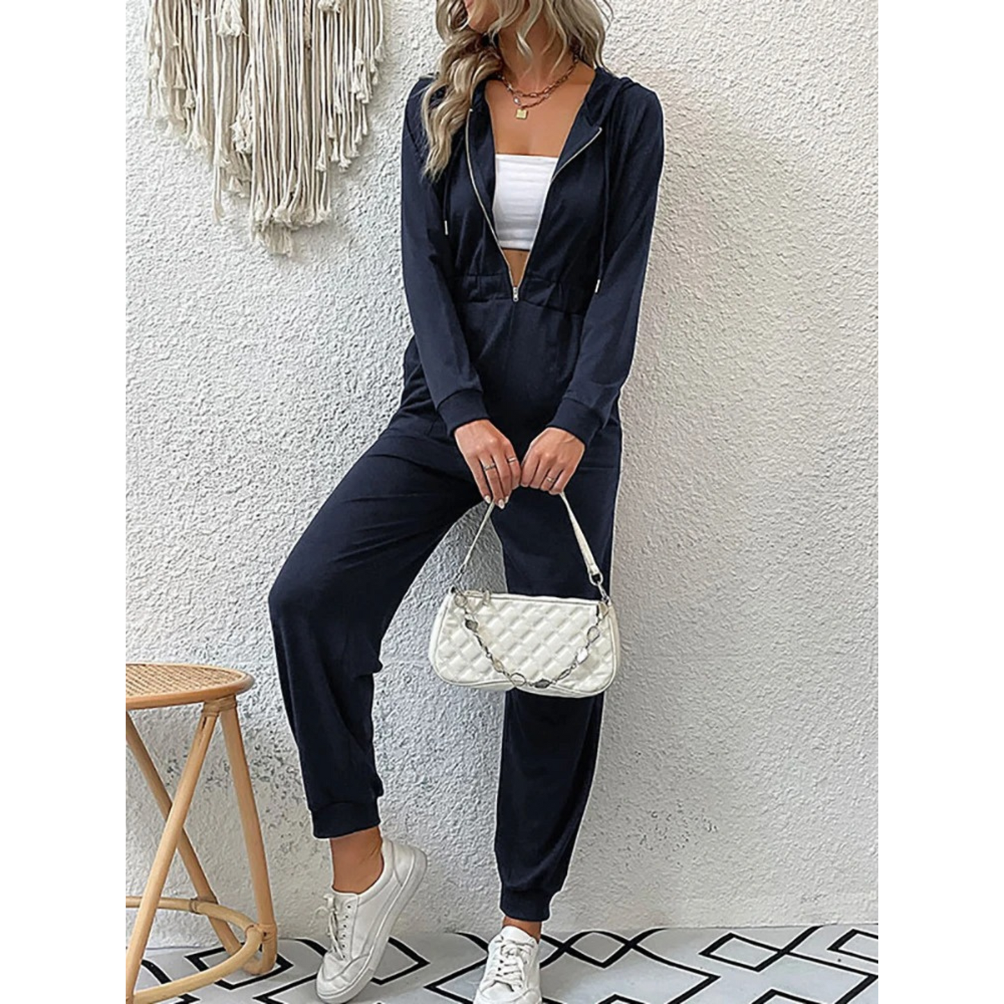 Stilla | Elastisk Talje Hætte Overalls Jogging Sæt Med Lynlås og Lommer Til Dame