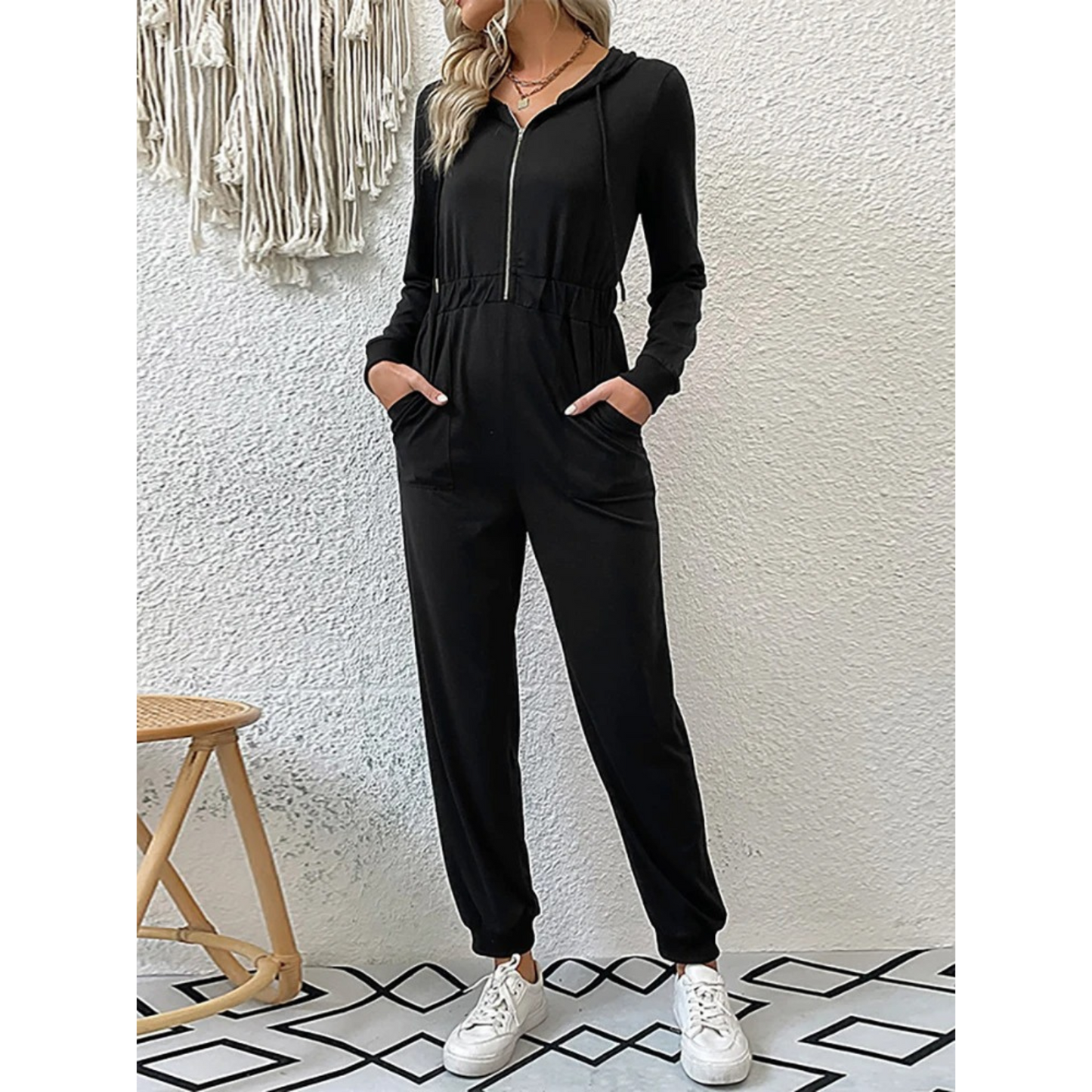 Stilla | Elastisk Talje Hætte Overalls Jogging Sæt Med Lynlås og Lommer Til Dame