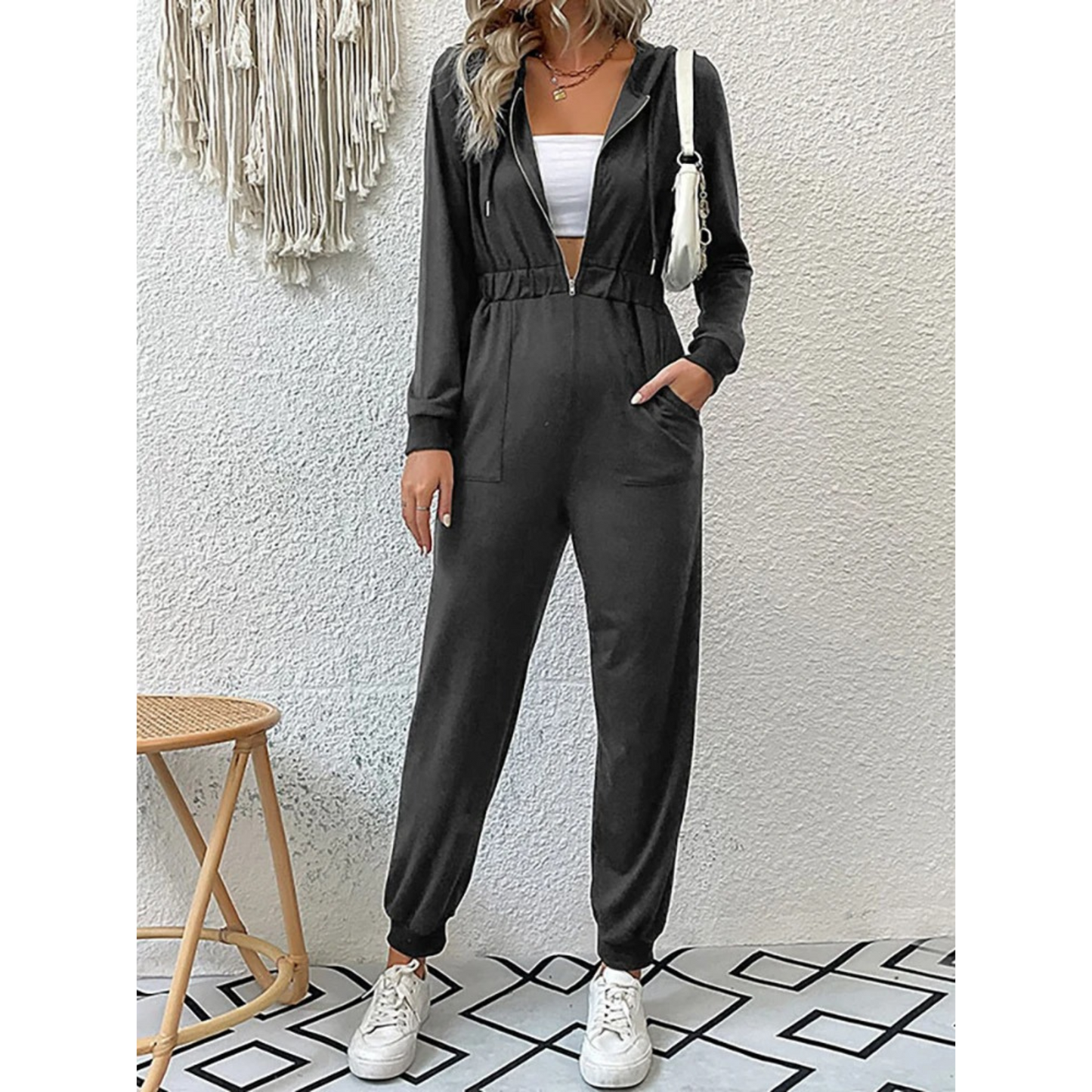 Stilla | Elastisk Talje Hætte Overalls Jogging Sæt Med Lynlås og Lommer Til Dame