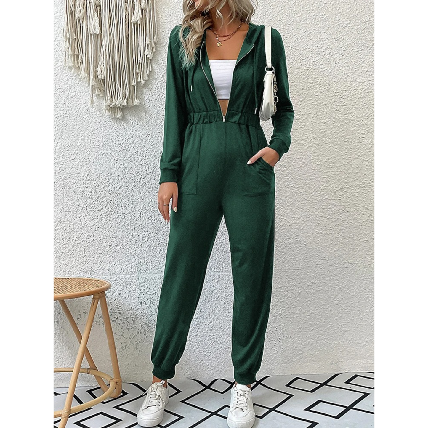 Stilla | Elastisk Talje Hætte Overalls Jogging Sæt Med Lynlås og Lommer Til Dame