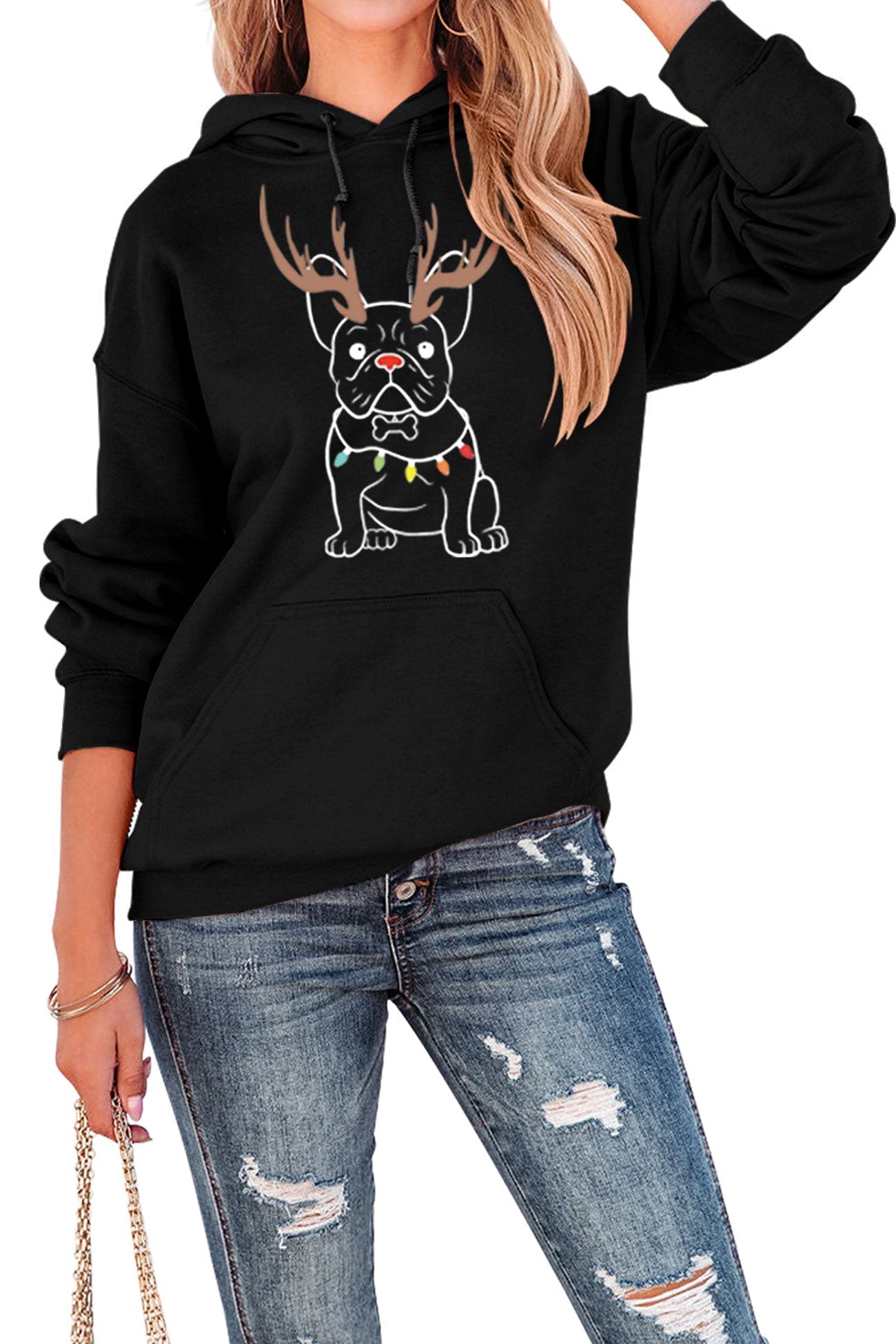 Stilla | Grafisk Jule Hættepullover Fransk Bulldog