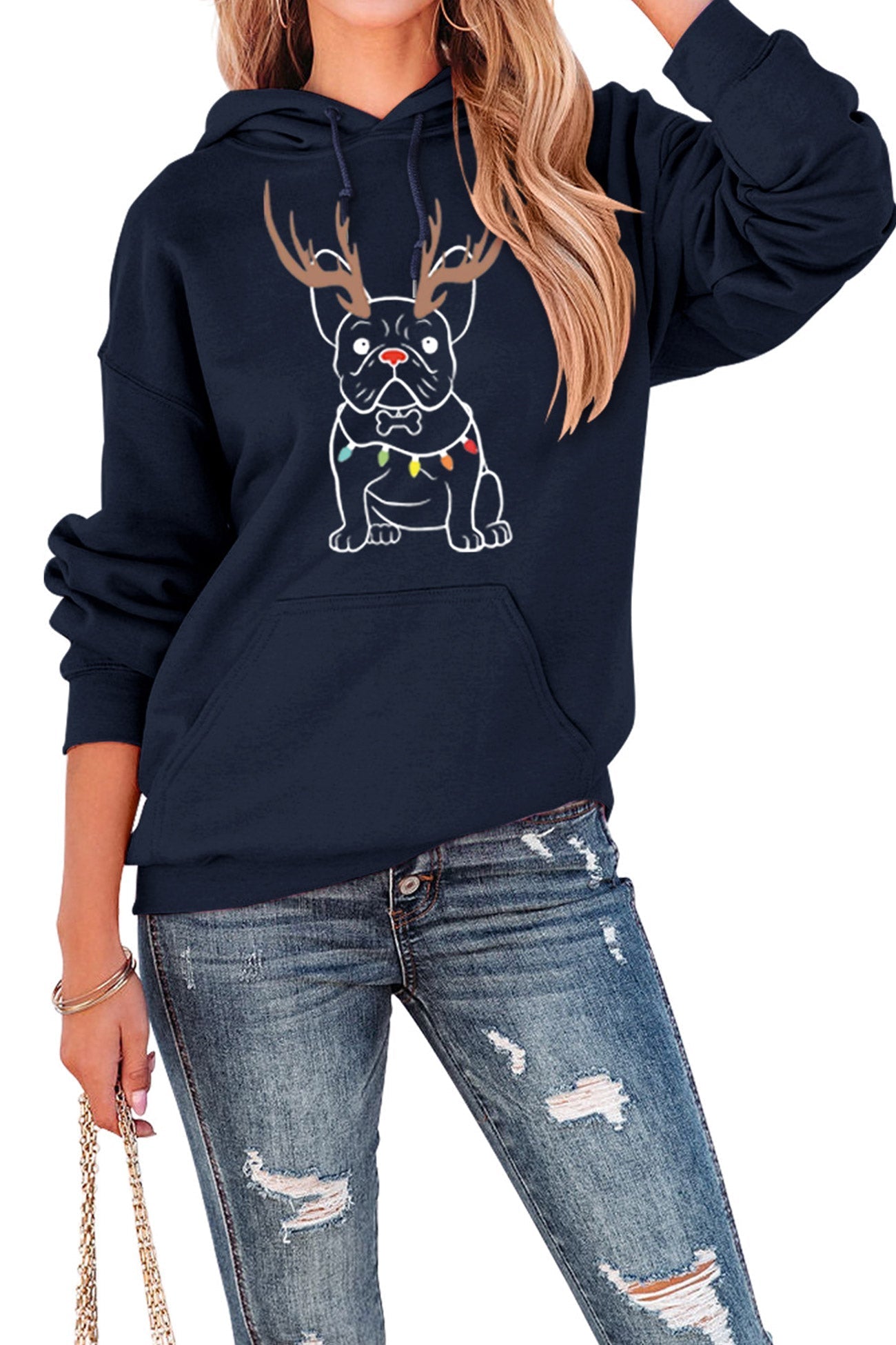 Stilla | Grafisk Jule Hættepullover Fransk Bulldog