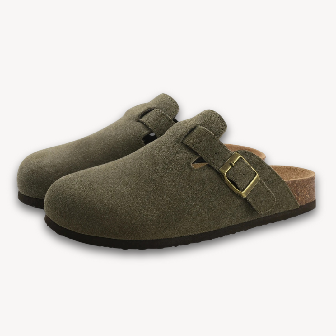 Stilla | Kvinders Træsko Suede Slip on Muler Med Justerbar Spænde Kork Fodbed