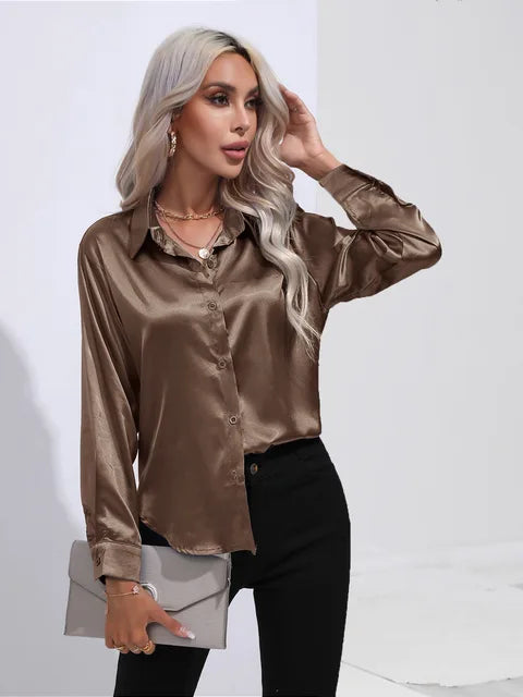 Stilla | Elegante Løs Satin Bluse Med Lange Ærmer