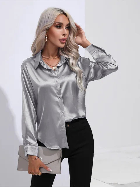 Stilla | Elegante Løs Satin Bluse Med Lange Ærmer
