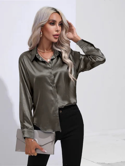 Stilla | Elegante Løs Satin Bluse Med Lange Ærmer