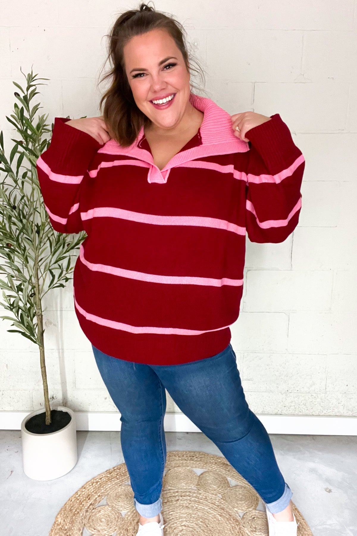 Stilla | Overdimensioneret Pullover Med Udstoppet Krave og Lilla Striber