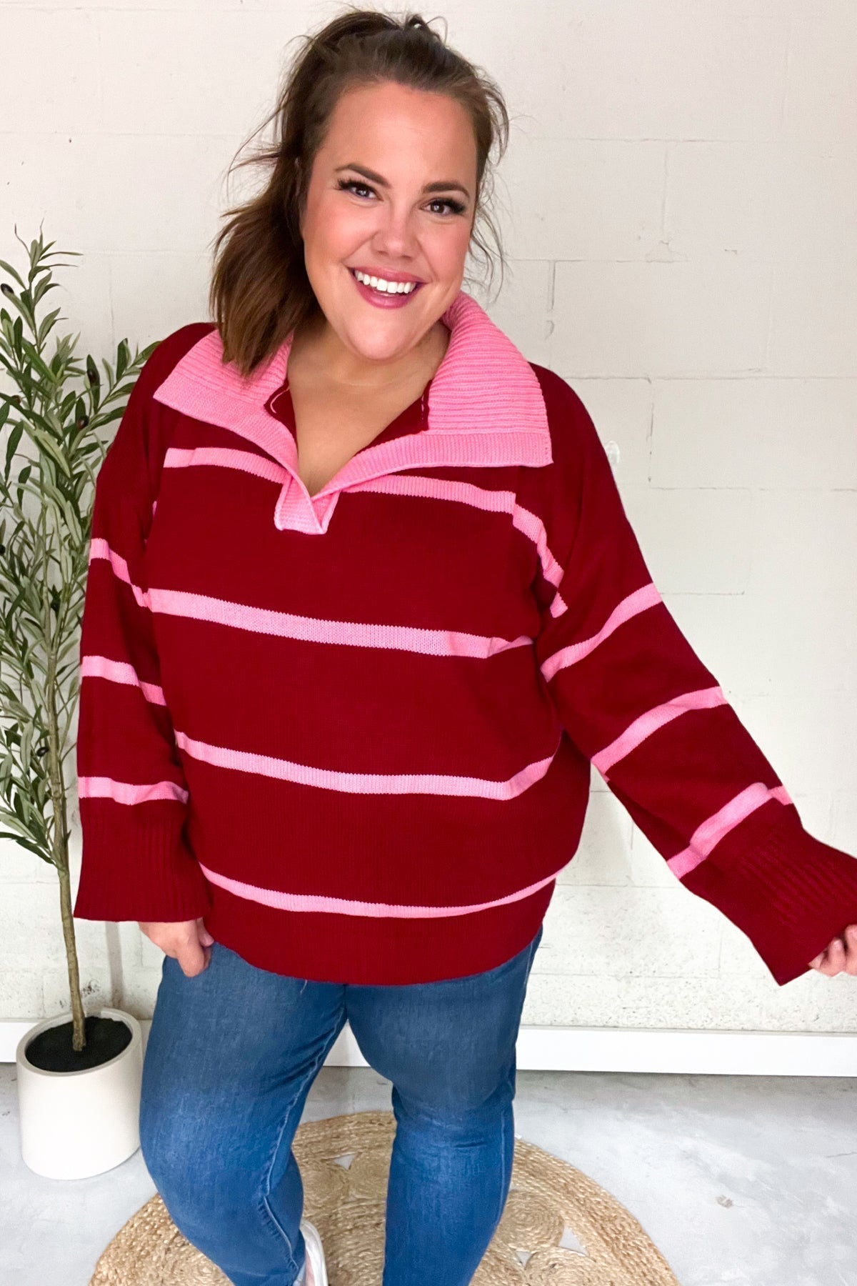Stilla | Overdimensioneret Pullover Med Udstoppet Krave og Lilla Striber