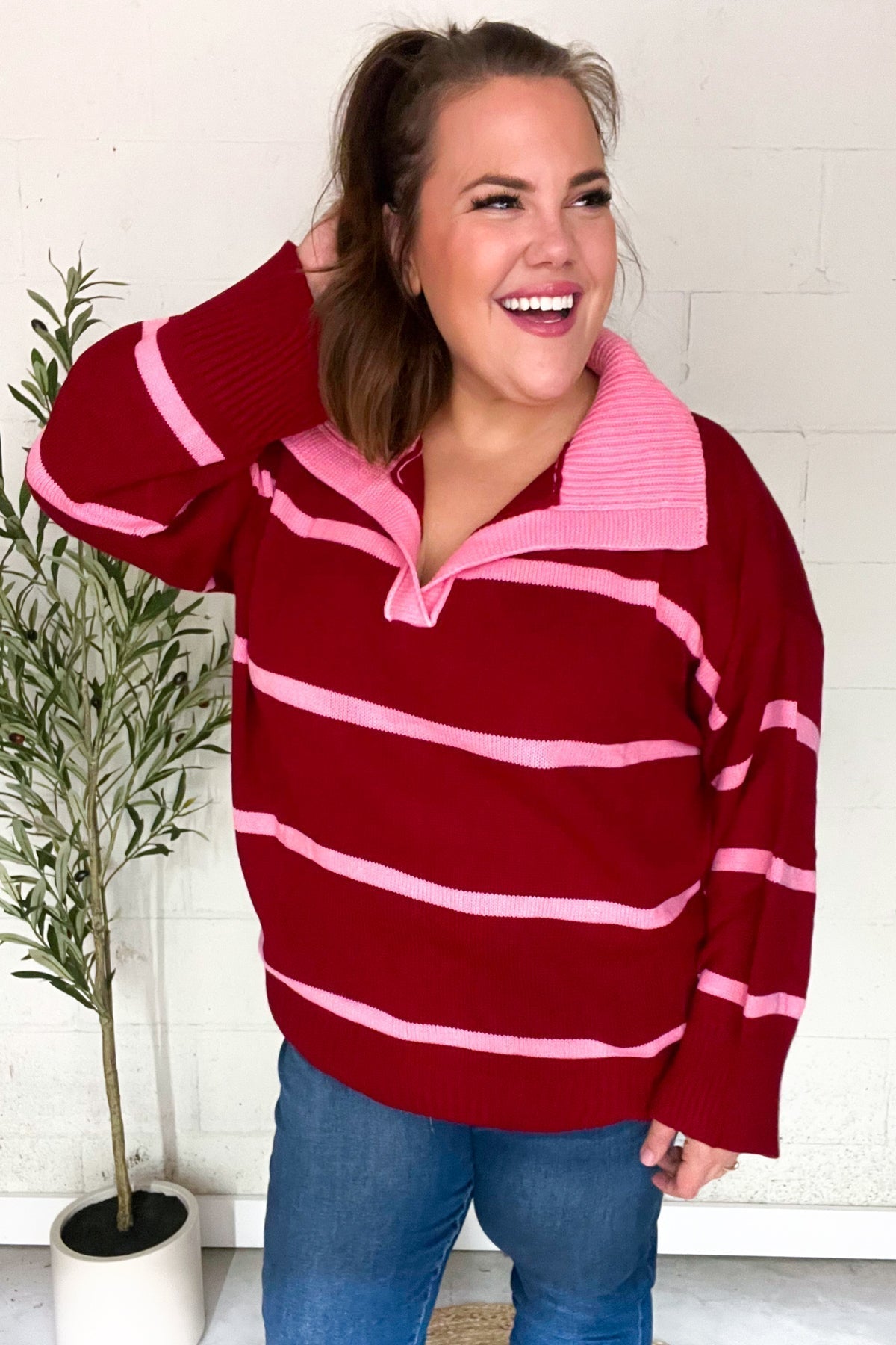 Stilla | Overdimensioneret Pullover Med Udstoppet Krave og Lilla Striber