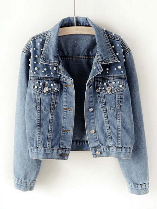 Stilla | Jeansjakke, Med knaplommer, Rhinestones, Slagskrave, Lange ærmer, Dame mode, Afslappet, Plus size, Casual