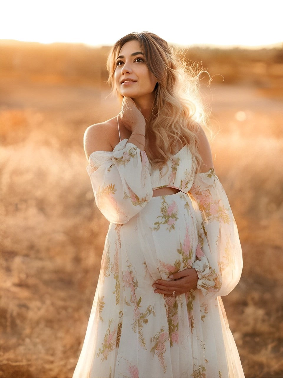 Stilla | Bianco Maxi Kjoler Elegante Premaman Romantisk Blomster Underkjole Skulderfri Boheme Velegnet Til Fotografering