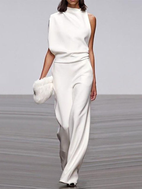 Stilla | Dame Jumpsuit Med Rund Halsudskæring, Armfri Og Bred Ben