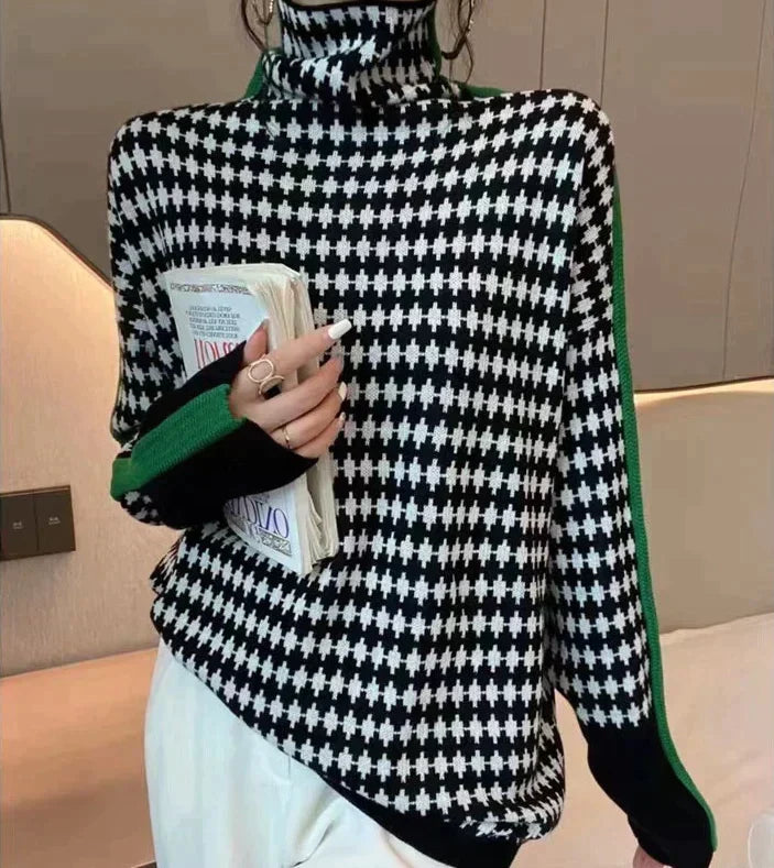 Stilla | Elegant Sweater med Sort og Hvidt Ternet Mønster
