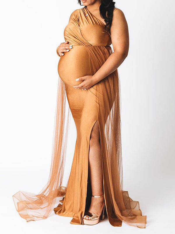 Stilla | Cachi En Skulder Tulle Side Slids Plus Size Maxi Graviditetskjole Fest Kjoler Til Dåb Maxi Graviditetskjole
