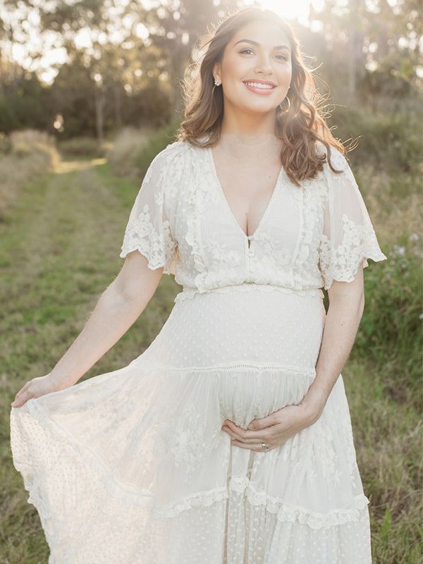 Stilla | Bianco Boemia Pizzo U Hals Flæser Broderi Høj Talje Maxi Maternity Kjoler