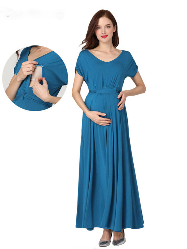 Stilla | Enkelt Farve Elastisk in Livet V-udsnit Elegante Amning Graviditet Maxi Maternity Kjoler
