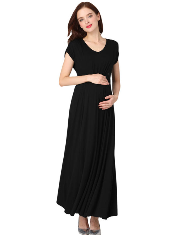 Stilla | Enkelt Farve Elastisk in Livet V-udsnit Elegante Amning Graviditet Maxi Maternity Kjoler