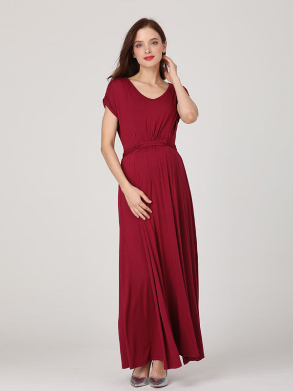 Stilla | Enkelt Farve Elastisk in Livet V-udsnit Elegante Amning Graviditet Maxi Maternity Kjoler