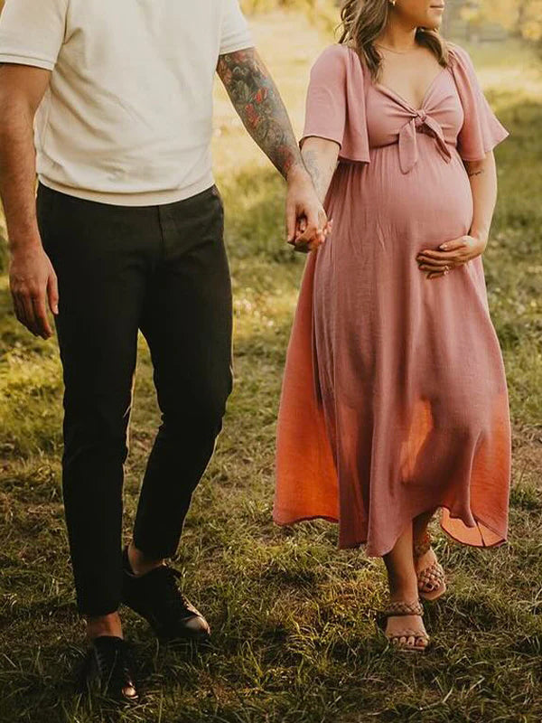 Stilla | Enkelt Farve Lang Maternity Kjole Unik Sløjfe V-hals Strandferie Egnet Til Fotoshoots Elegante Graviditetskjoler